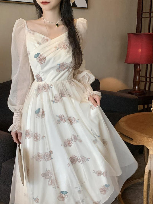 flowersverse Autumn Lace Floral Print Dress Women Casual Fairy Party Midi Dress Female Korean Fashion Patchwork Vintage Chic Dress  New