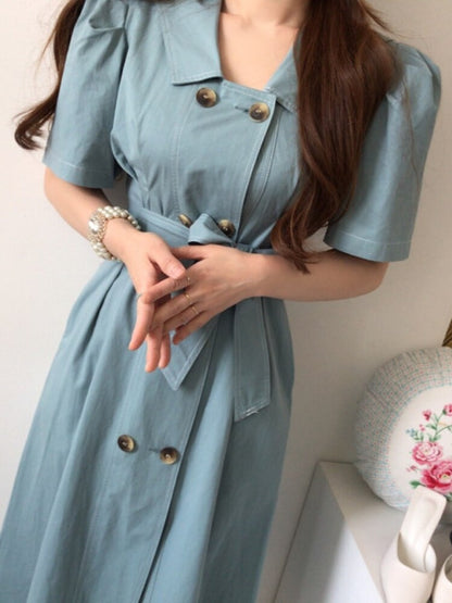 flowersverse Back to school outfit Denim Dress Women Korean Chic Summer Retro Double-Breasted Open Line Lace Waist Short-Sleeved Female Long Vestidos