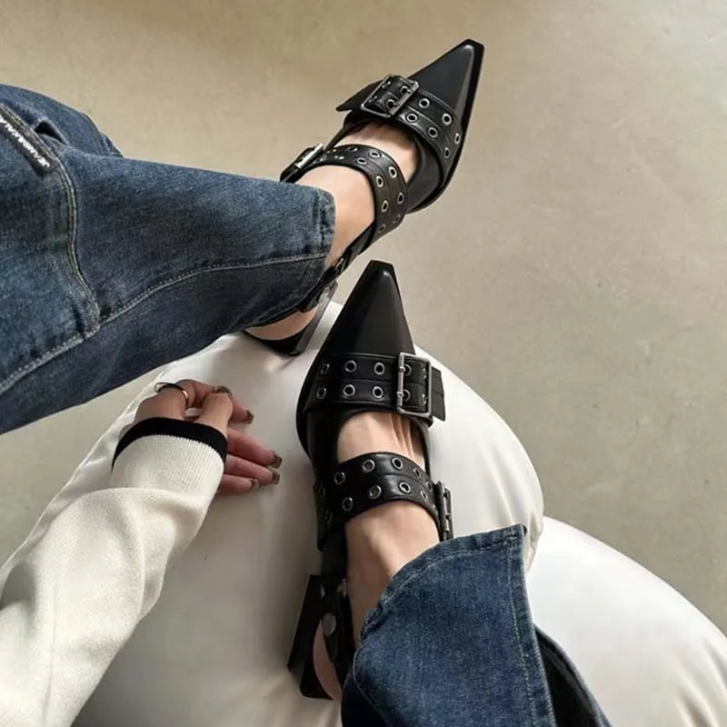 flowersverse- New Women Chunky Sandals Summer Shoes Fashion Mid Heels Pointed Toe Party Shoes Brand Casual Shoes Mujer Slippers Zapatos