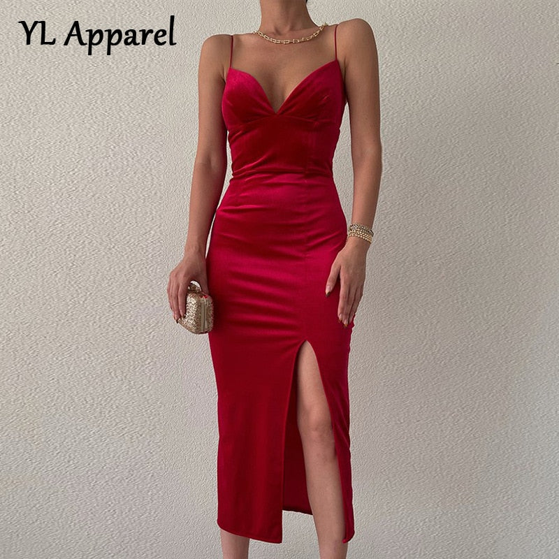 Graduation Gift Big Sale    Women   Spaghetti Strap Velvet Party Dresses High Waist Backless V-neck Bodycon Package Hip Evening Prom Dress Red Black