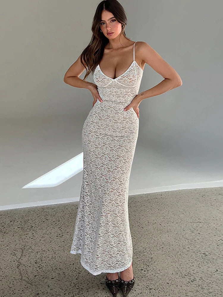 Tossy Lace Hollow Out Backless Maxi Dress Slim V-Neck See-Through High Street Summer Elegant Party Dress Fashion Slim Dress