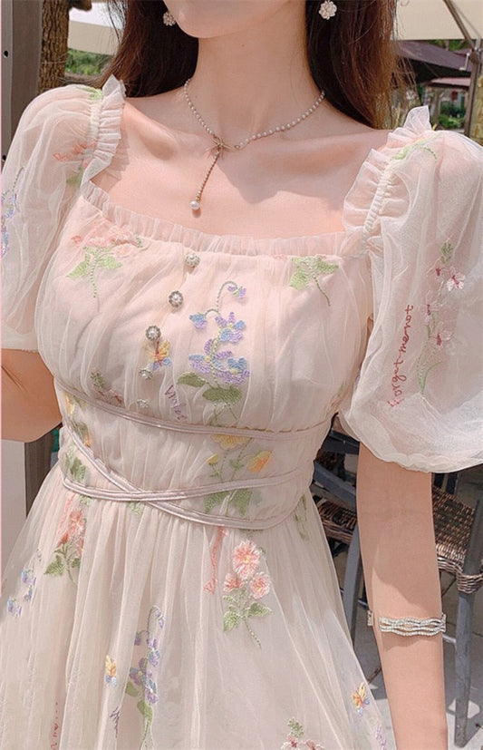 flowersverse Back to school outfit Chic Vintage Mesh Lace Fairy Dress Summer Woman Embroidery Floral Puff Sleeve Romantic Princess Dresses For Date Party Night