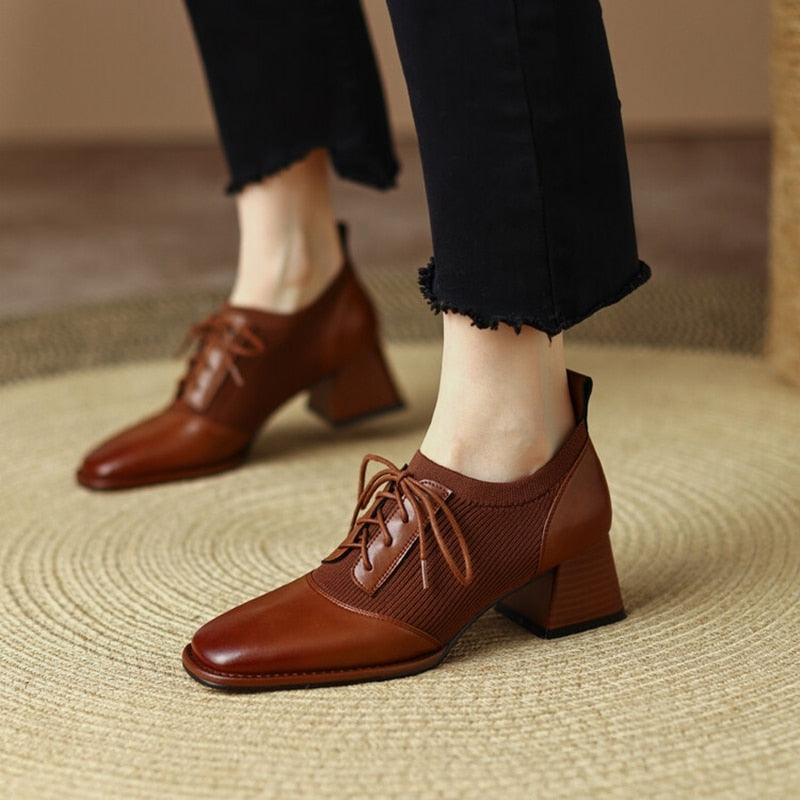 flowersverse NEW Spring Women Pumps Round Toe Chunky Heel Shoes for Women Split Leather High Heels Solid Splicing Lace-up Shoes Handmade Shoe