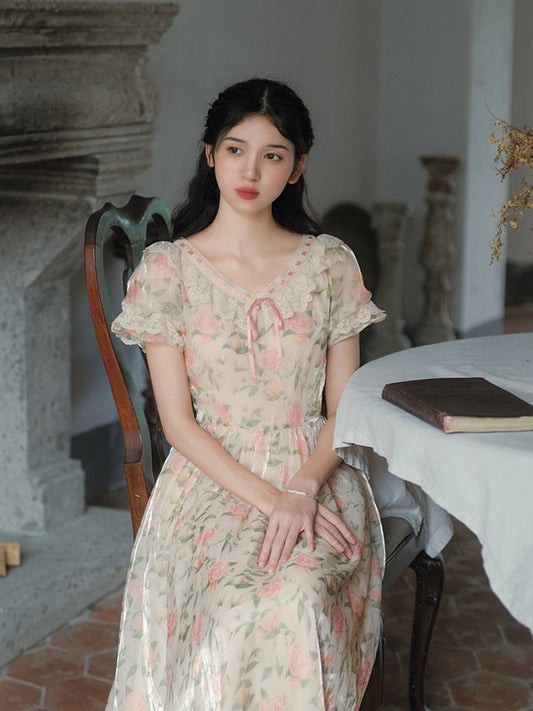 flowersverse Back to school outfit Mori Girl Print Floral Dress Woman Summer Vingtage French Style Peter Pan Collar Lace Puff Sleeve Dresses Robe Fleurie
