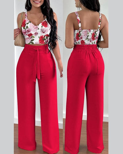flowersverse Two Piece Sets Womens Outifits Summer Fashion Printed Suspenders V Neck Sleeveless Crop Top & Casual Wide-Leg Long Pants Set
