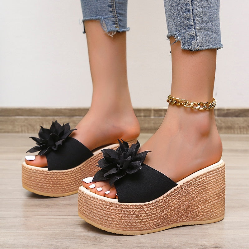 flowersverse 9Cm Heels Summer Beach Platform Women Wedge Slippers Appliques Butterfly-Knot Female Sandals Clog Shoes Slides Women