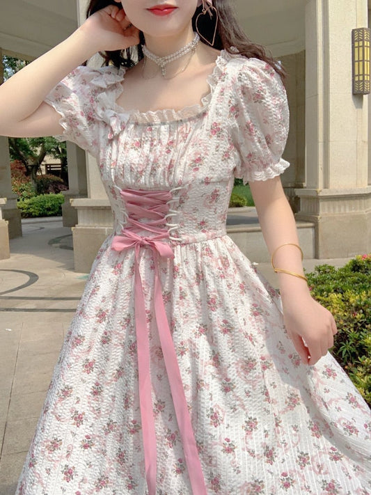 flowersverse Back to school outfit Sweet Summer Dress Women French New Vintage A-Line Short Sleeve Bow High Waist Thin Strap Floral Long Vestidos