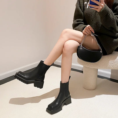 flowersverse-Genuine Leather Women Nude Boots New Chunky Heel Chelsea Boots Square Toe High Heeled Short Boots Designer Fashion Women Boots