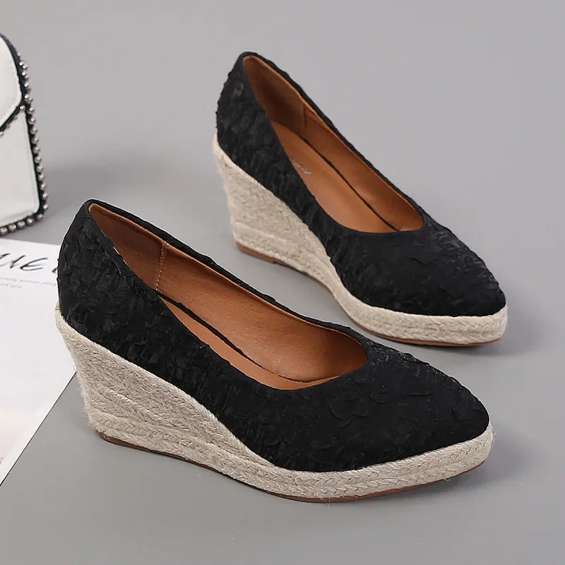 flowersverse-New Pointed Shallow Mouth Women Wedge Heel Thick Sole Single Shoes Women Straw Woven Twine rope sole Spring Autumn Shoes