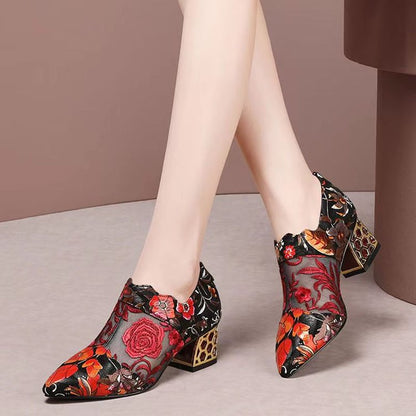 flowersverse New Fashion Personality Pointed Toe Sandals Women Summer New Mid Heel Square Heel Zipper Printed Casual Ladies High Heels