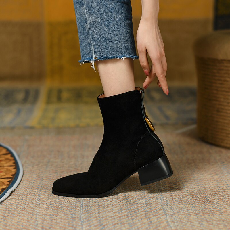 flowersverse autumn and winter Women ankle boots natural leather 22-25cm kid suede upper medium chunky heel side zipper ankle boots