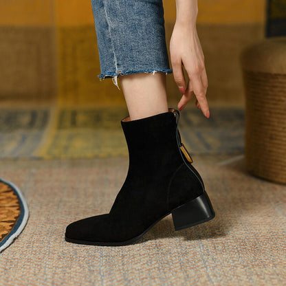 flowersverse autumn and winter Women ankle boots natural leather 22-25cm kid suede upper medium chunky heel side zipper ankle boots