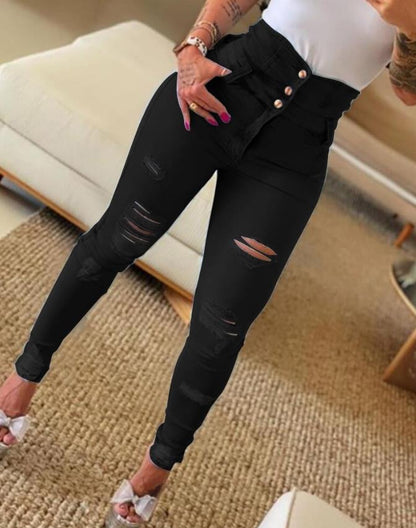 flowersverse Women's Jeans Trend Autumn Fashion High Waist Buttoned Cutout Ripped Casual Skinny Plain Pocket Design Daily Long Jeans