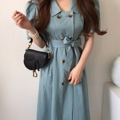 flowersverse Back to school outfit Denim Dress Women Korean Chic Summer Retro Double-Breasted Open Line Lace Waist Short-Sleeved Female Long Vestidos