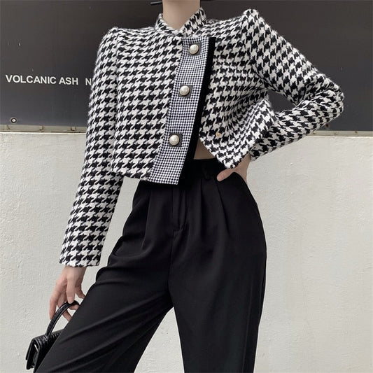 flowersverse Back to school outfit Chic Short Coat Woman Autumn New Ins Fashion Vintage Plaid Loose Stand Collar Buttons Stitching Versatile Jacket