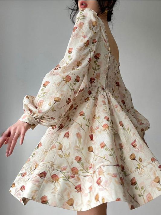 flowersverse Beach Style Elegant Floral Midi Sundress Woman Long Sleeve Y2k Mini Dress Party Casual Korean Fashion Dress Chiffon  Summer