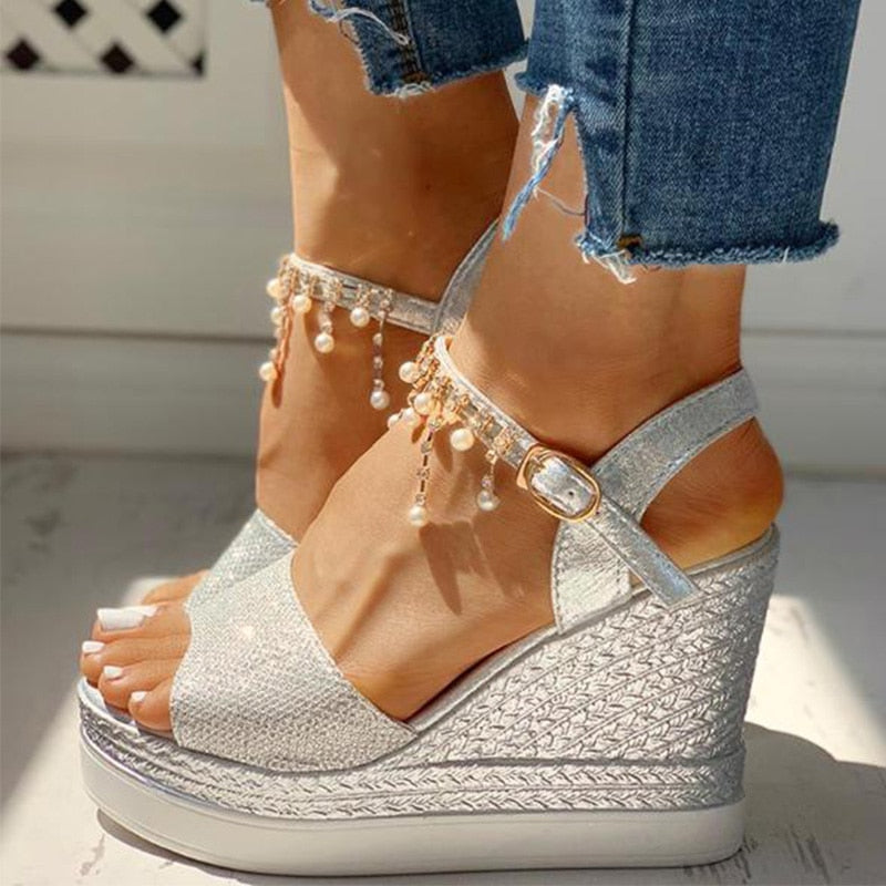 flowersverse New Women Wedge Sandals Summer Bead Studded Detail Platform Sandals Buckle Strap Peep Toe Thick Bottom Casual Shoes Ladies