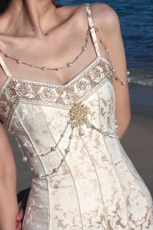 flowersverse Back to school  Luxury Evening Dresses For Slim Lady Summer Vintage Gold Silk Spaghetti Straps Beading Gorgeous Trumpet Mermaid Dresses Vestidos