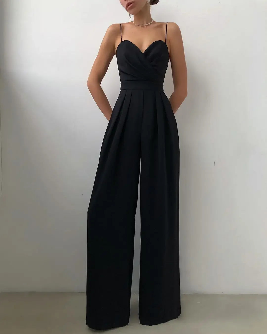 flowersverse-Spring Chiffon Sexy Joker Solid Elegant Spaghetti Strap European and American Women's High Waist Wide Leg Jumpsuits