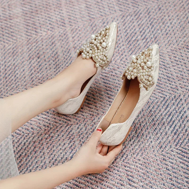 flowersverse-Shoes for Women Wedding Shoes Autumn Women Shoes Plus Size 43 Slip-on Pearl Single Shoes Fashion Party Footwear Zapatos Mujer