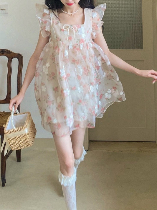 flowersverse Back to school outfit Design Sweet Fairy Floral Dress Women Sleeveless Kawaii Clothing Lolita Mini Dress Female Summer Beach Style Sundress Party