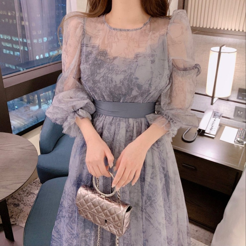 flowersverse Blue Mesh Vintage Dress Woman  O-Neck Puff Sleeve Bodycon Dress Female Lace Up Flower Printed Elegant Woman's Clothing Chic