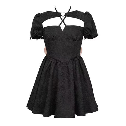 flowersverse Back to school outfit Gothic Short Party Dress Puff Bandage Bow Lolita Kawaii Mini Dress Korean Fashion Birthday Party Summer Dresses For Women