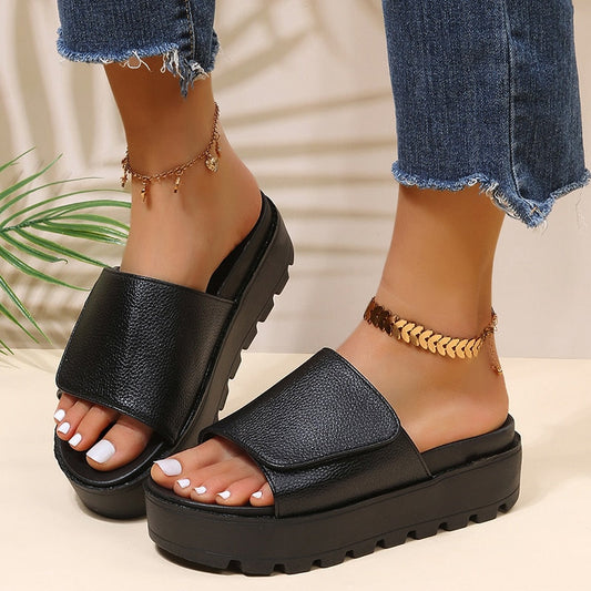 flowersverse Black PU Leather Platform Slippers Women Plus Size 43 Thick Soled Sandals Woman  Summer Non-slip Slides Shoes Female