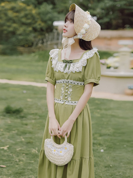 flowersverse Back to school outfit Summer Cottagecore Green Dress Japan Mori Girl Style Cotton Linen Lace Square Collar Embroidery Flower Vintage Prairie Dresses