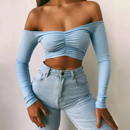 flowersverse-Sexy Off Shoulder Bare Midriff Folds Rib T Shirt Women Long Sleeves Slash Neck Short Tshirt Ladies Tee Shirt Camisetas Mujer