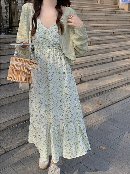 flowersverse Back to school outfit Floral Strap Dress Women Casual Elegant Vintage 2 Piece Dress Set Even Party Sleeveless Fashion Suits Korea Clothing  Summer