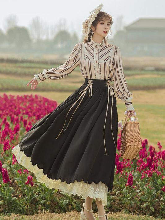flowersverse Back to school outfit Chic Vintage Style Woman Outfits Retro Lantern Sleeve Striped Shirt & Lace Ribbon Long Maxi Skirt Cottage Prairie 2 Piece Sets