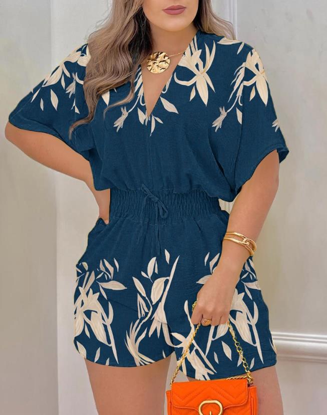 flowersverse Jumpsuit Women  Summer Fashion Batwing Sleeve Shirred Waist Casual Plain V-Neck Short Sleeve Above Knee Romper Streetwear