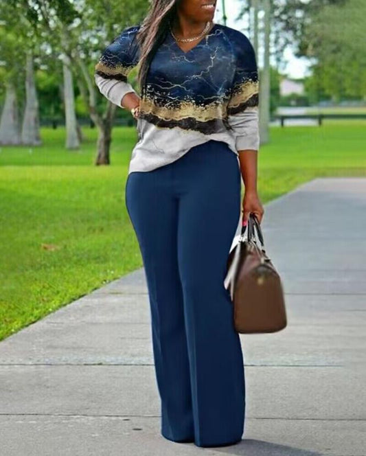 flowersverse Two Piece Sets Womens Outifits  Spring Fashion Marble Print V-Neck Long Sleeve Top & Casual High Waist Daily Long Pants Set