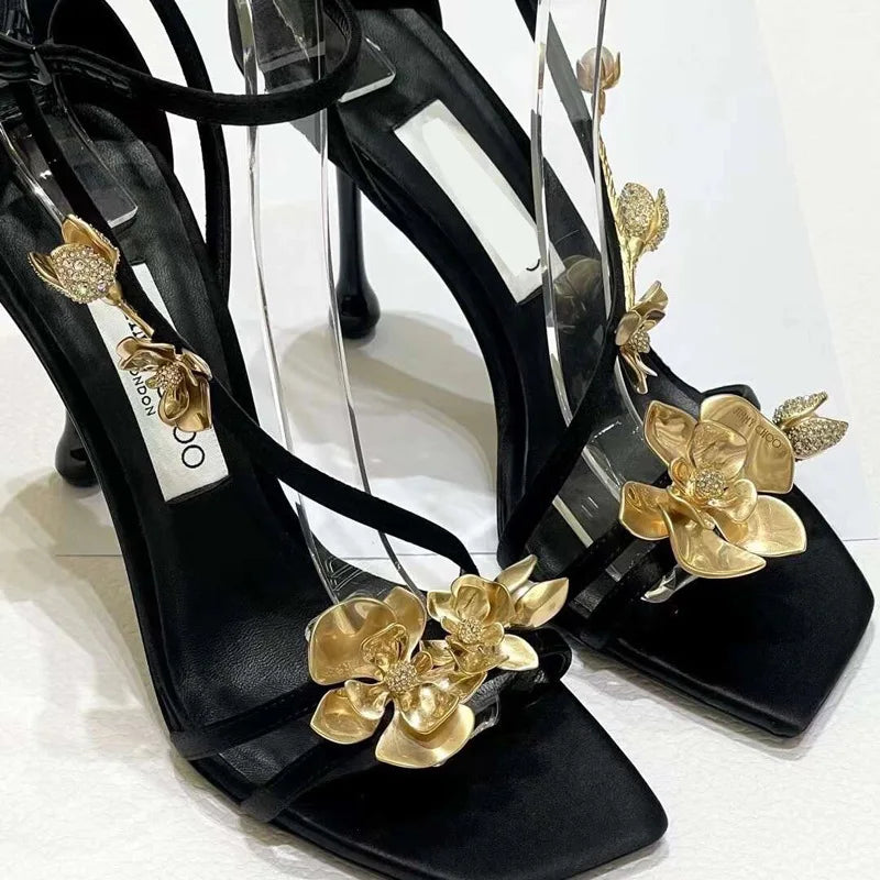 flowersverse-Golden Flowers High Heels Women Silk Luxury Designer Sandal Metallic Flower Square Toe Pointed Fine Heel Party Dress Shoes Pumps