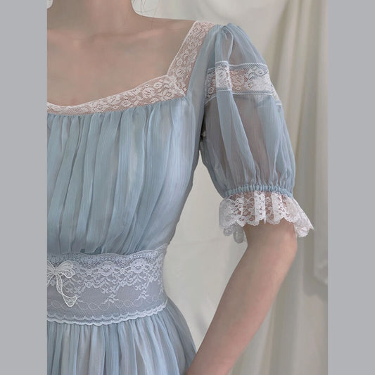 flowersverse Back to school  Summer Romantic Lace Princess Dress For Slim Lady Chic Vintage Light Blue Lantern Sleeve Sweet Fairy Dresses Vestido Festa
