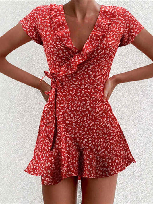 flowersverse   Women Dress Boho Floral Ruffle Short Mini Dress Summer Knot   V-Neck Party Holiday Dress Femme Vestido De Mujer