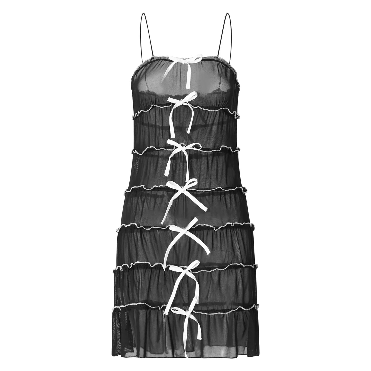 flowersverse-Women Y2k Sheer Mesh Mini Dress Sexy Spaghetti Strap Tie-up Bodycon Pleated Dress Summer Going Out Sling Party Dress Streetwear