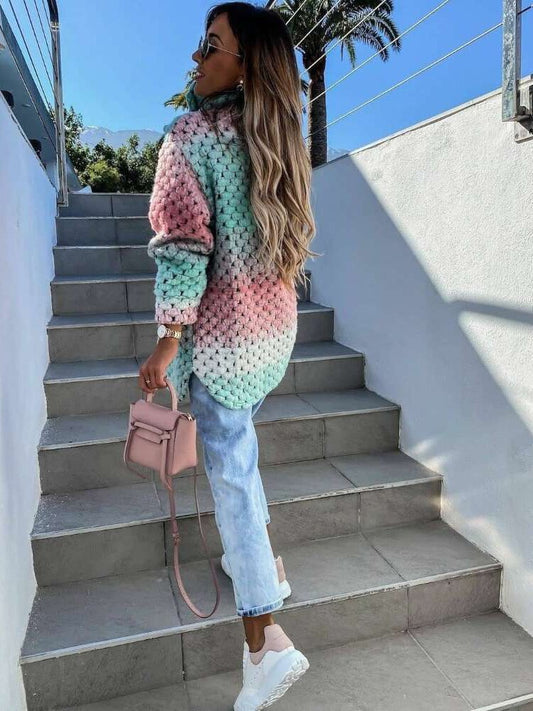 flowersverse Autumn Winter Knitted Sweaters Women Jacket Long Sleeve Colorful Print Fashion Elegant Turn-Down Collar Single-Breasted Coat Top