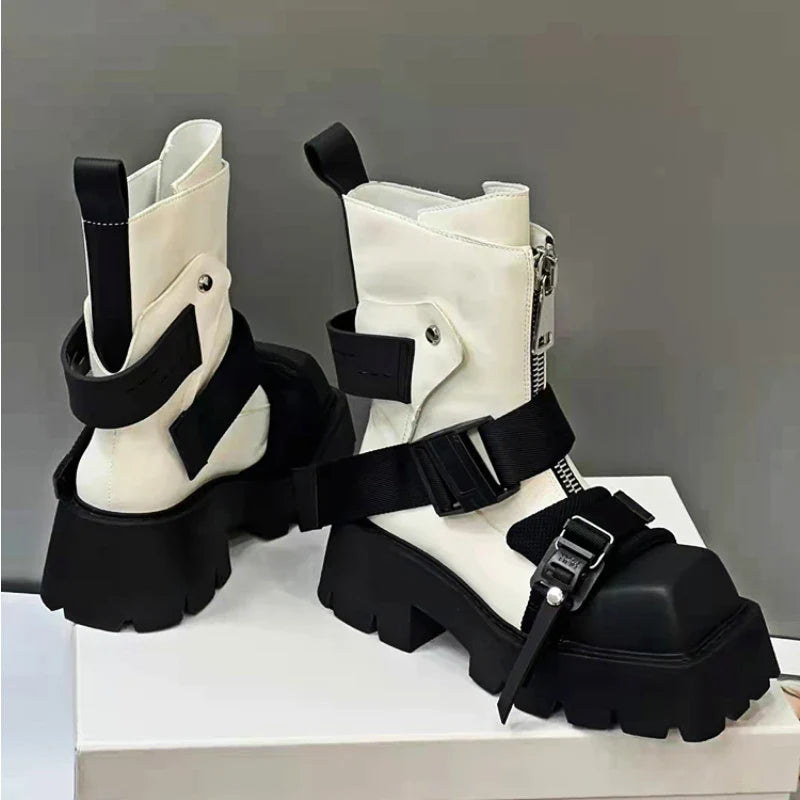 flowersverse-Genuine Leather Boots Women 2024 Tube Platform Boots Belt Buckle Design Cool Biker Botas Square Thick Bottom Head Ankle Boots