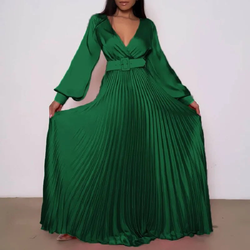 flowersverse-Women Sexy Deep V-neck Swing Pleated Long Dress Spring High Waist Tie-up Belted Maxi Dress Autumn Long Sleeve Boho Party Dresses