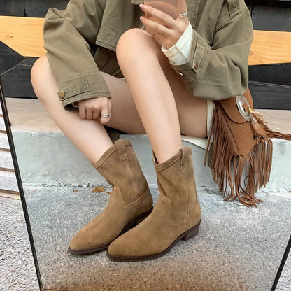 flowersverse-Soft Leather Retro Cowboy Boots New Fall Winter 2024 Western Jeans Boots Pointy Toe Comfy Chunky Brown Frosted Boots for Women