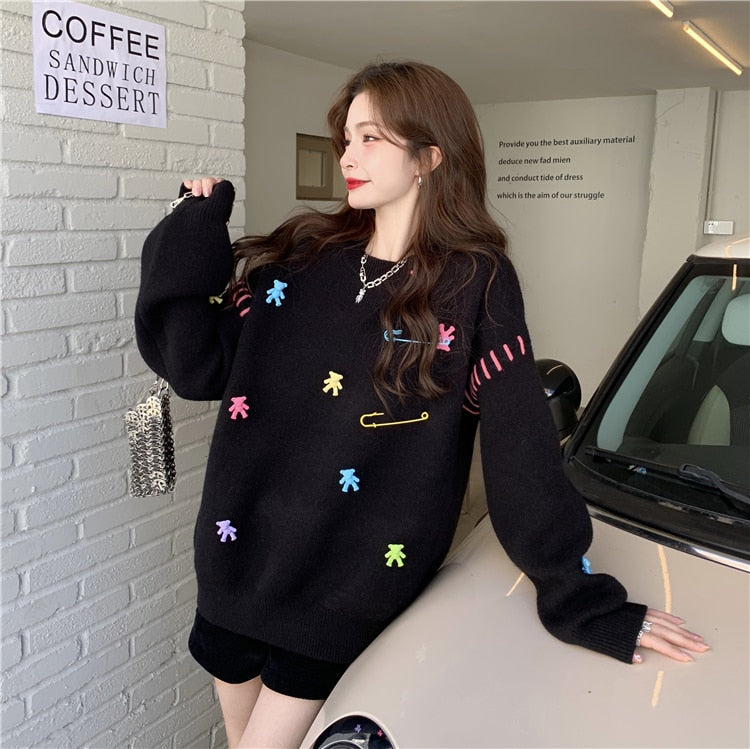 flowersverse Black White Winter Knitted Crewneck Pullover Sweater Women Long Sleeve Korean Fashion Style Oversized Cute Bear Sweater Women