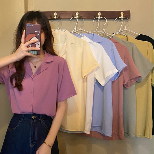 flowersverse 8 Colors Blouse Shirt For Women  Summer Fashion Short Sleeve Notched Casual Office Lady White Shirts Tops Japan Korean Style