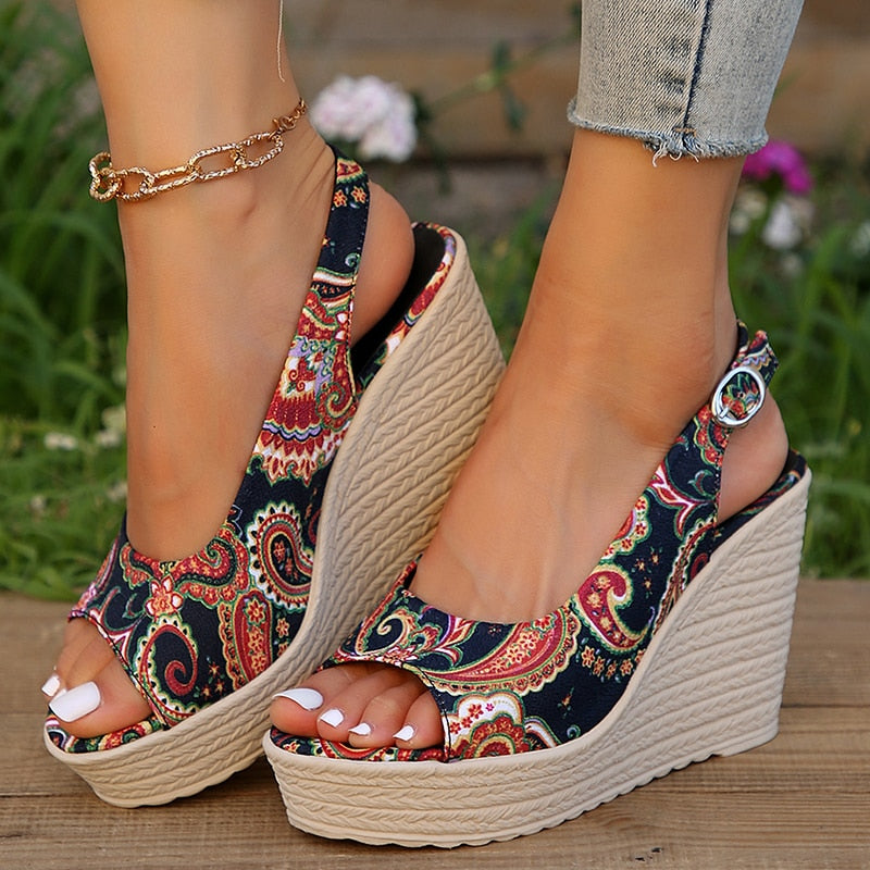 flowersverse Style Print Wedge Sandals for Women Peep Toe Chunky Platform Shoes Woman Summer Thick Bottom Gladiator Sandalias Mujer