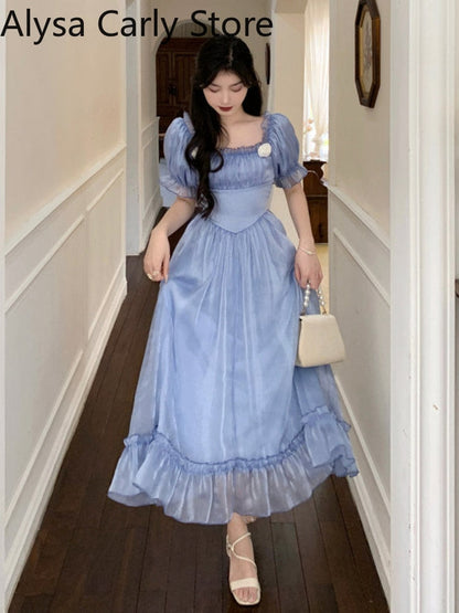 flowersverse Blue Princess Vintage Dress Women Elegant Bow Korean Fairy Midi Dress Femme Sexy Backless Lace-Up Court Evening Party Dress