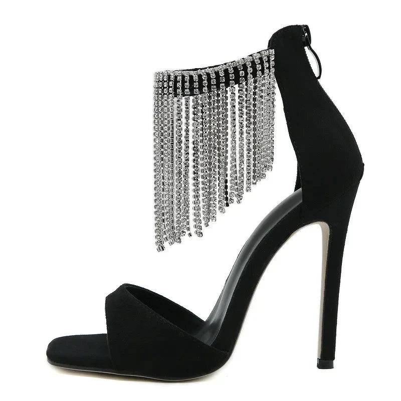 flowersverse-Summer Crystal Fringe Peep Toe Woman Sandals Fashion Design Zipper Thin High Heels Banquet Stripper Shoes