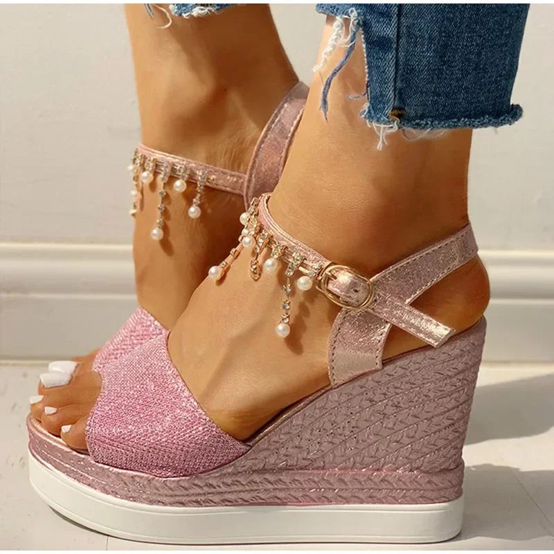 flowersverse-2024 New Women Wedge Sandals Summer Bead Studded Detail Platform Sandals Buckle Strap Peep Toe Thick Bottom Casual Shoes Ladies