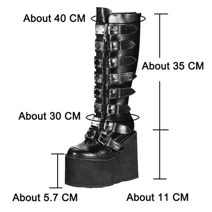 flowersverse-Punk Women Boots Ladies Cosplay High Boots Comfort Long Tube Leather Boots Black Platform High Wedges Women Shoes Gothic Style