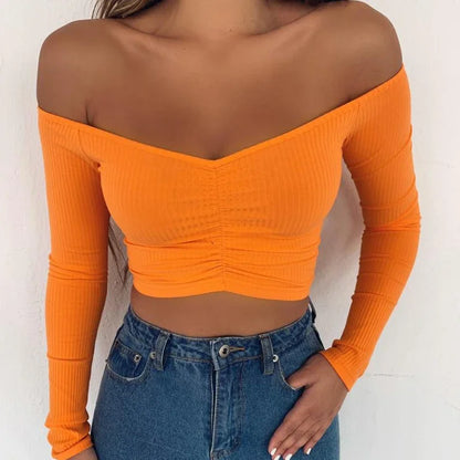 flowersverse-Sexy Off Shoulder Bare Midriff Folds Rib T Shirt Women Long Sleeves Slash Neck Short Tshirt Ladies Tee Shirt Camisetas Mujer